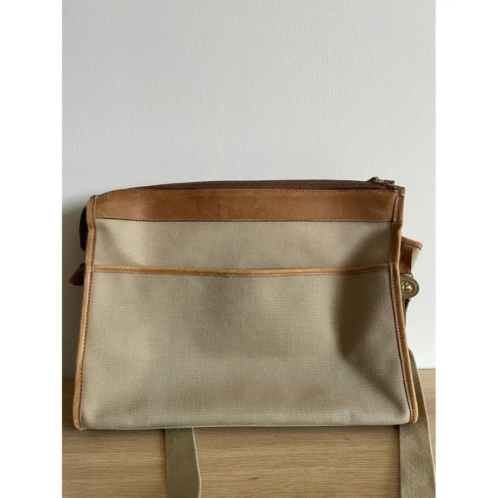 Brahmin x Sperry canvas vintage messenger laptop bag beige brown leather trim